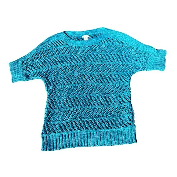 Chicos Halo Open Knit Riviera Pullover Aqua Blue Short Sleeve Sweater Top Size 0 - Picture 8 of 9